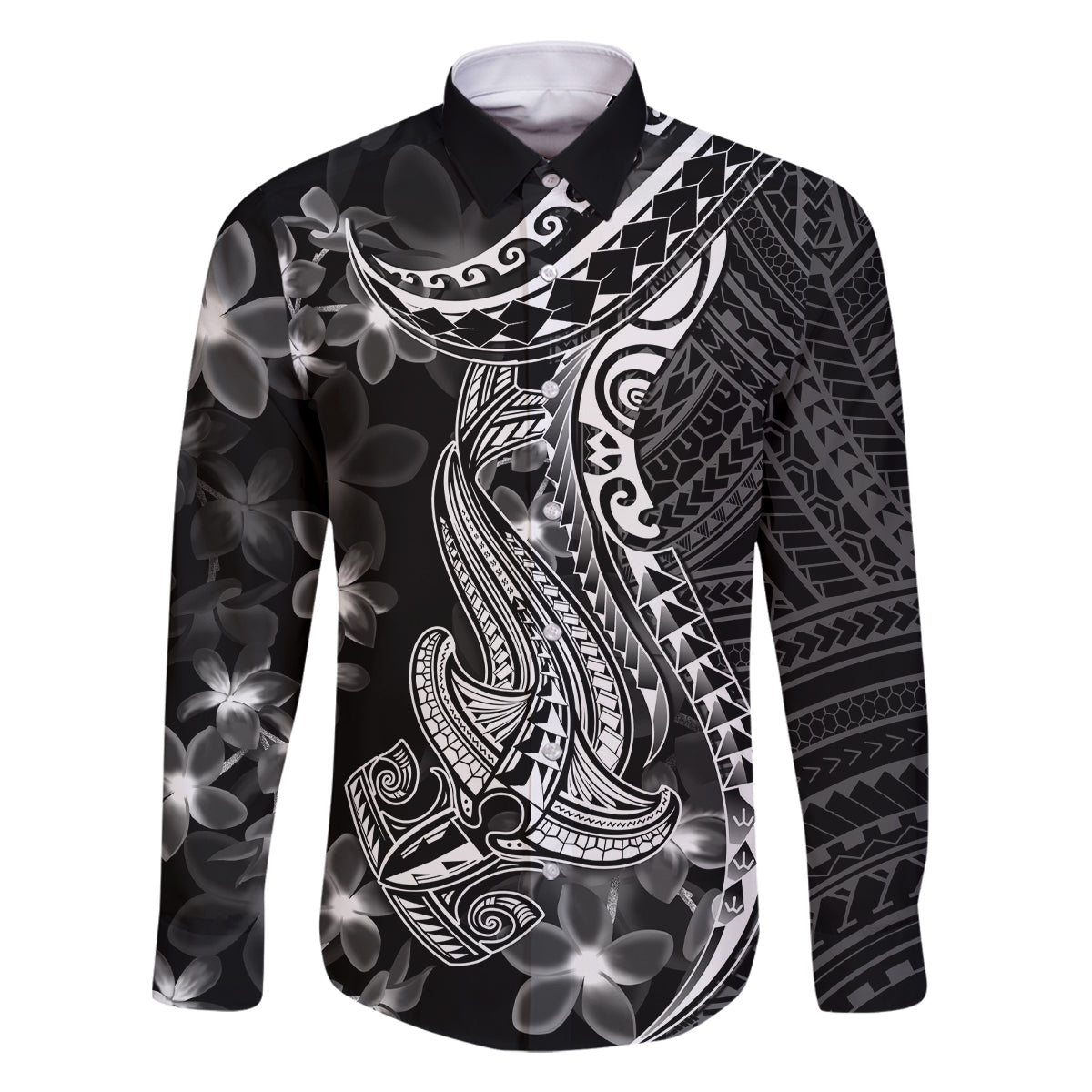 Black Polynesia Family Matching Off Shoulder Short Dress and Hawaiian Shirt Shark Tattoo With Polynesian Plumeria - Wonder Print Shop