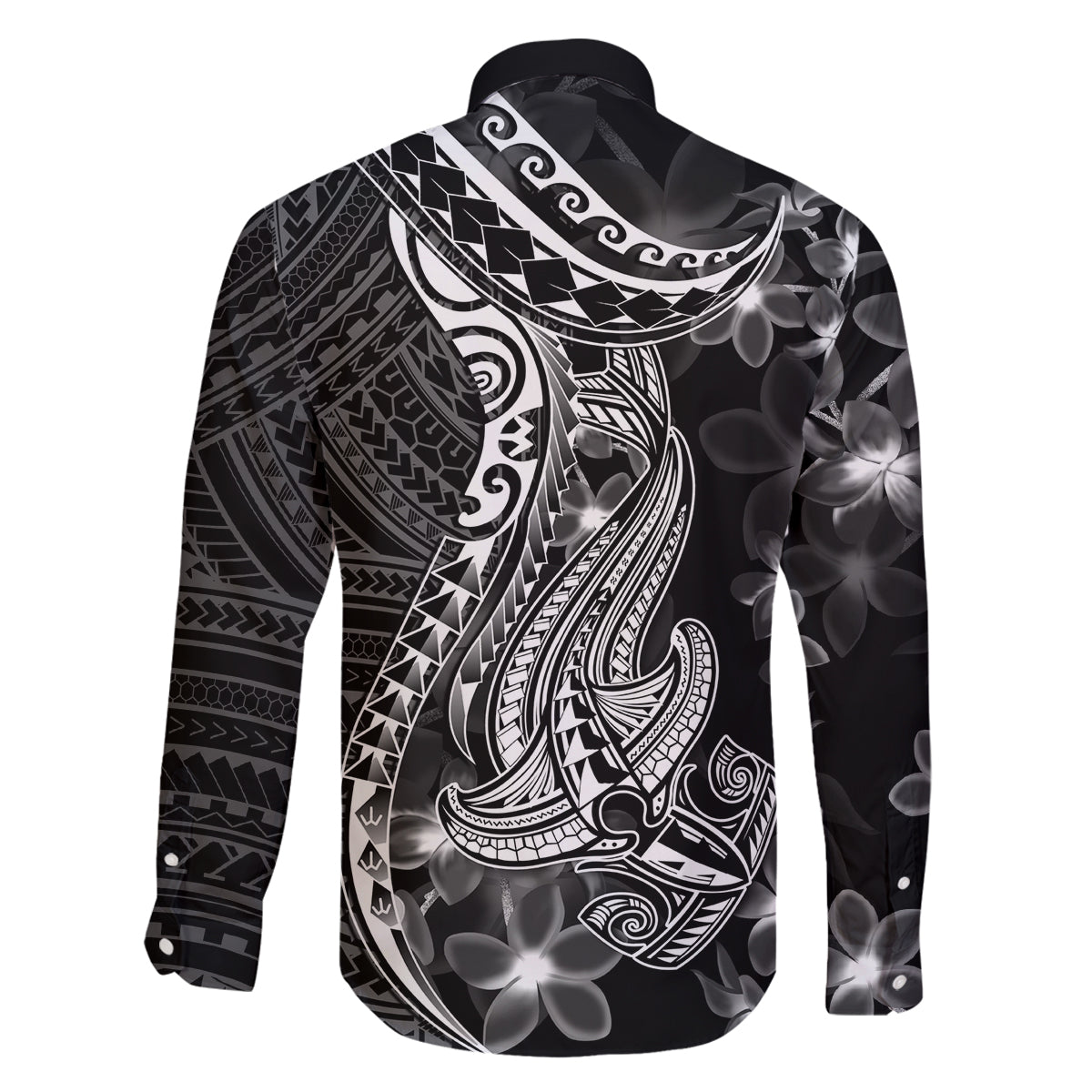 Black Polynesia Family Matching Off Shoulder Short Dress and Hawaiian Shirt Shark Tattoo With Polynesian Plumeria - Wonder Print Shop
