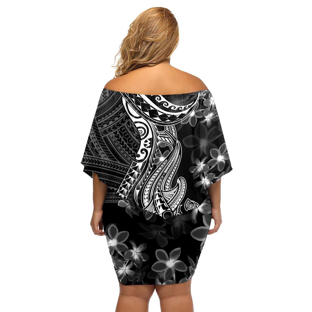 Black Polynesia Family Matching Off Shoulder Short Dress and Hawaiian Shirt Shark Tattoo With Polynesian Plumeria - Wonder Print Shop