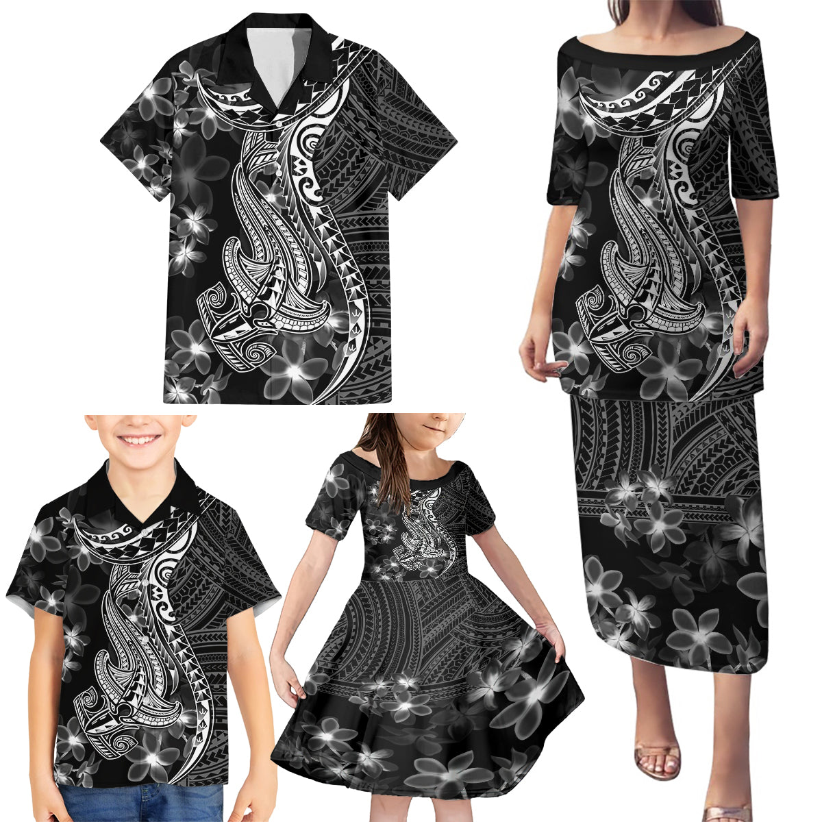 Black Polynesia Family Matching Puletasi Dress and Hawaiian Shirt Shark Tattoo With Polynesian Plumeria - Wonder Print Shop