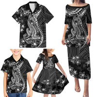 Black Polynesia Family Matching Puletasi Dress and Hawaiian Shirt Shark Tattoo With Polynesian Plumeria - Wonder Print Shop