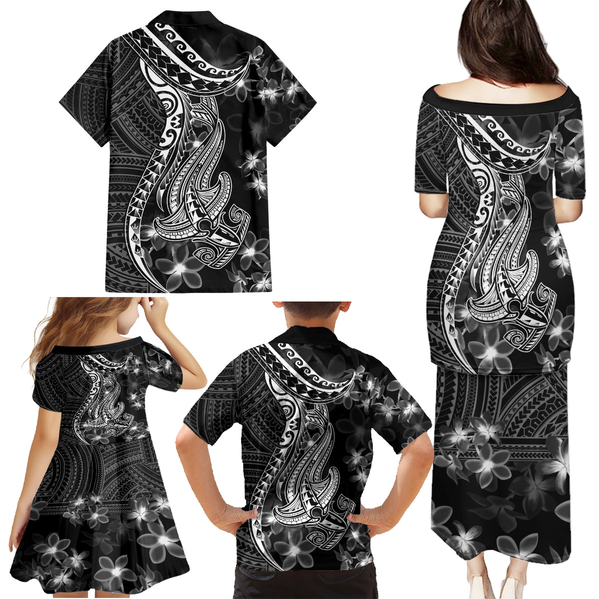 Black Polynesia Family Matching Puletasi Dress and Hawaiian Shirt Shark Tattoo With Polynesian Plumeria - Wonder Print Shop