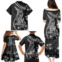 Black Polynesia Family Matching Puletasi Dress and Hawaiian Shirt Shark Tattoo With Polynesian Plumeria - Wonder Print Shop