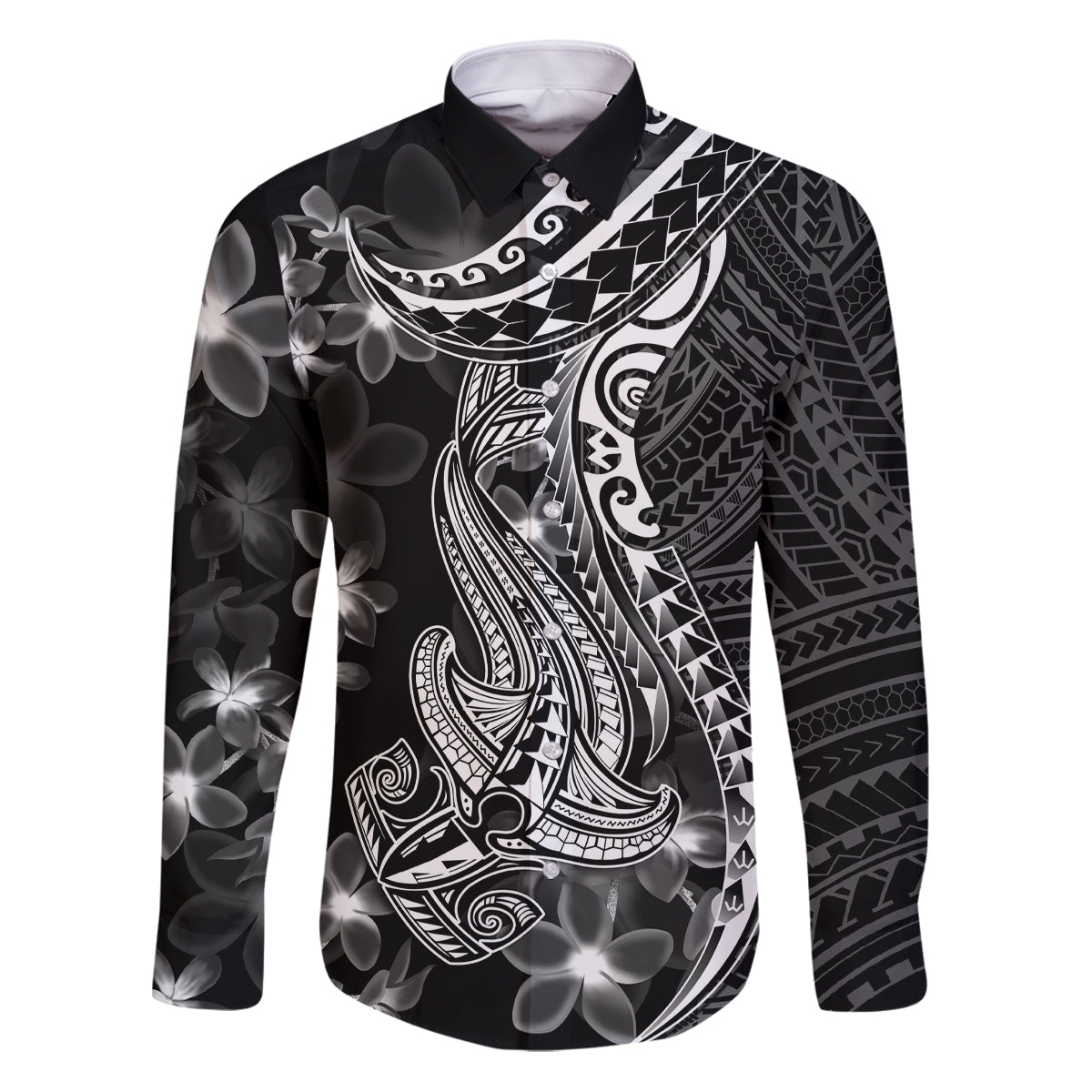 Black Polynesia Family Matching Puletasi Dress and Hawaiian Shirt Shark Tattoo With Polynesian Plumeria - Wonder Print Shop