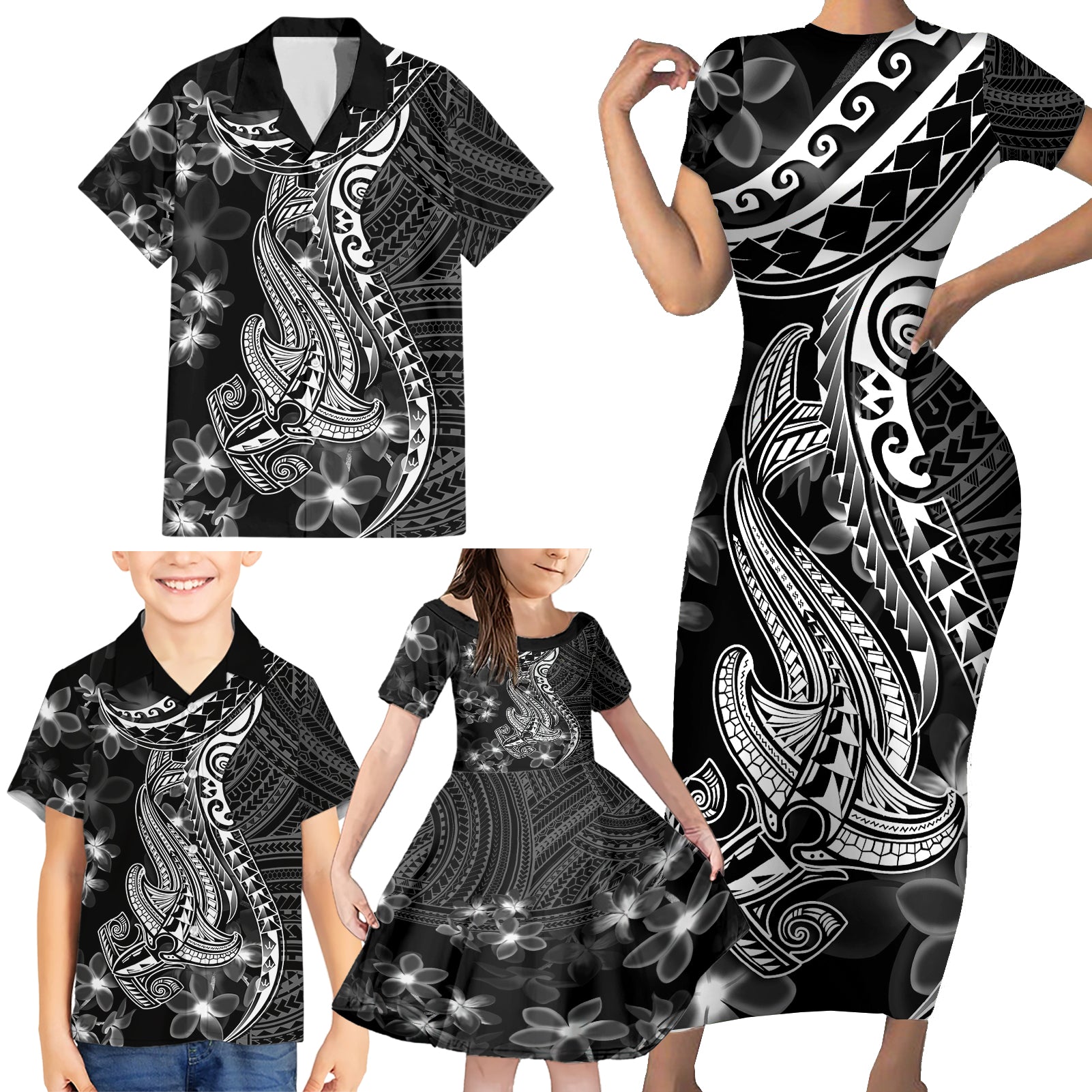Black Polynesia Family Matching Short Sleeve Bodycon Dress and Hawaiian Shirt Shark Tattoo With Polynesian Plumeria - Wonder Print Shop