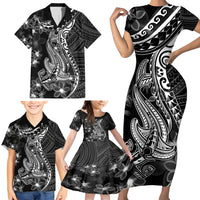 Black Polynesia Family Matching Short Sleeve Bodycon Dress and Hawaiian Shirt Shark Tattoo With Polynesian Plumeria - Wonder Print Shop
