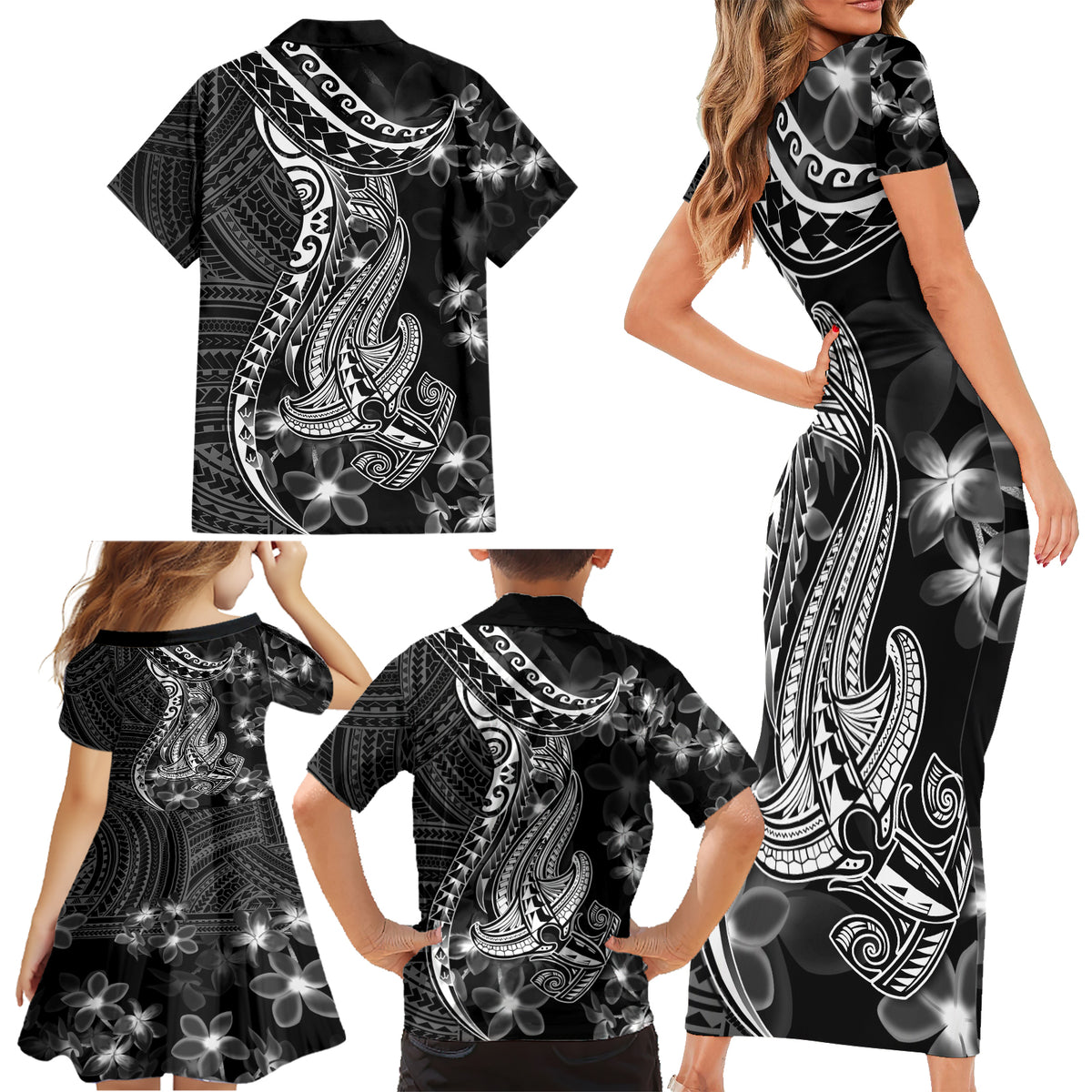 Black Polynesia Family Matching Short Sleeve Bodycon Dress and Hawaiian Shirt Shark Tattoo With Polynesian Plumeria - Wonder Print Shop
