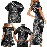 Black Polynesia Family Matching Short Sleeve Bodycon Dress and Hawaiian Shirt Shark Tattoo With Polynesian Plumeria - Wonder Print Shop