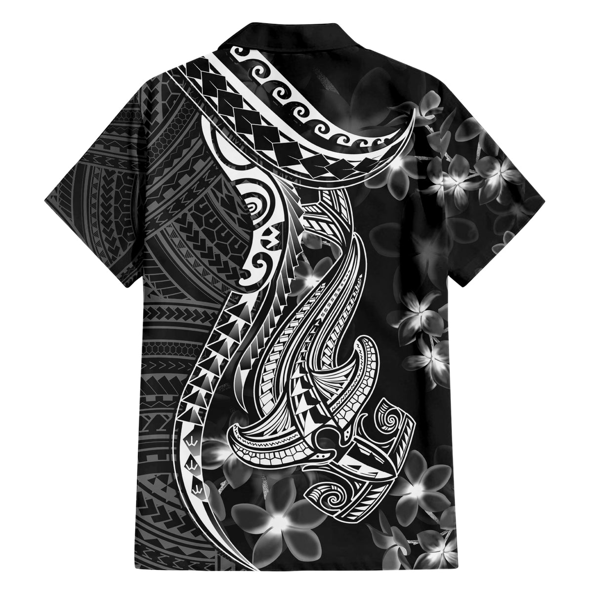 Black Polynesia Family Matching Short Sleeve Bodycon Dress and Hawaiian Shirt Shark Tattoo With Polynesian Plumeria - Wonder Print Shop