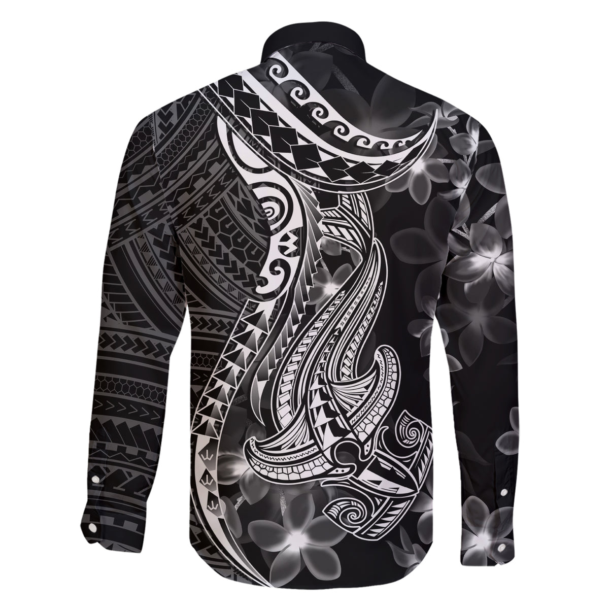 Black Polynesia Family Matching Short Sleeve Bodycon Dress and Hawaiian Shirt Shark Tattoo With Polynesian Plumeria - Wonder Print Shop