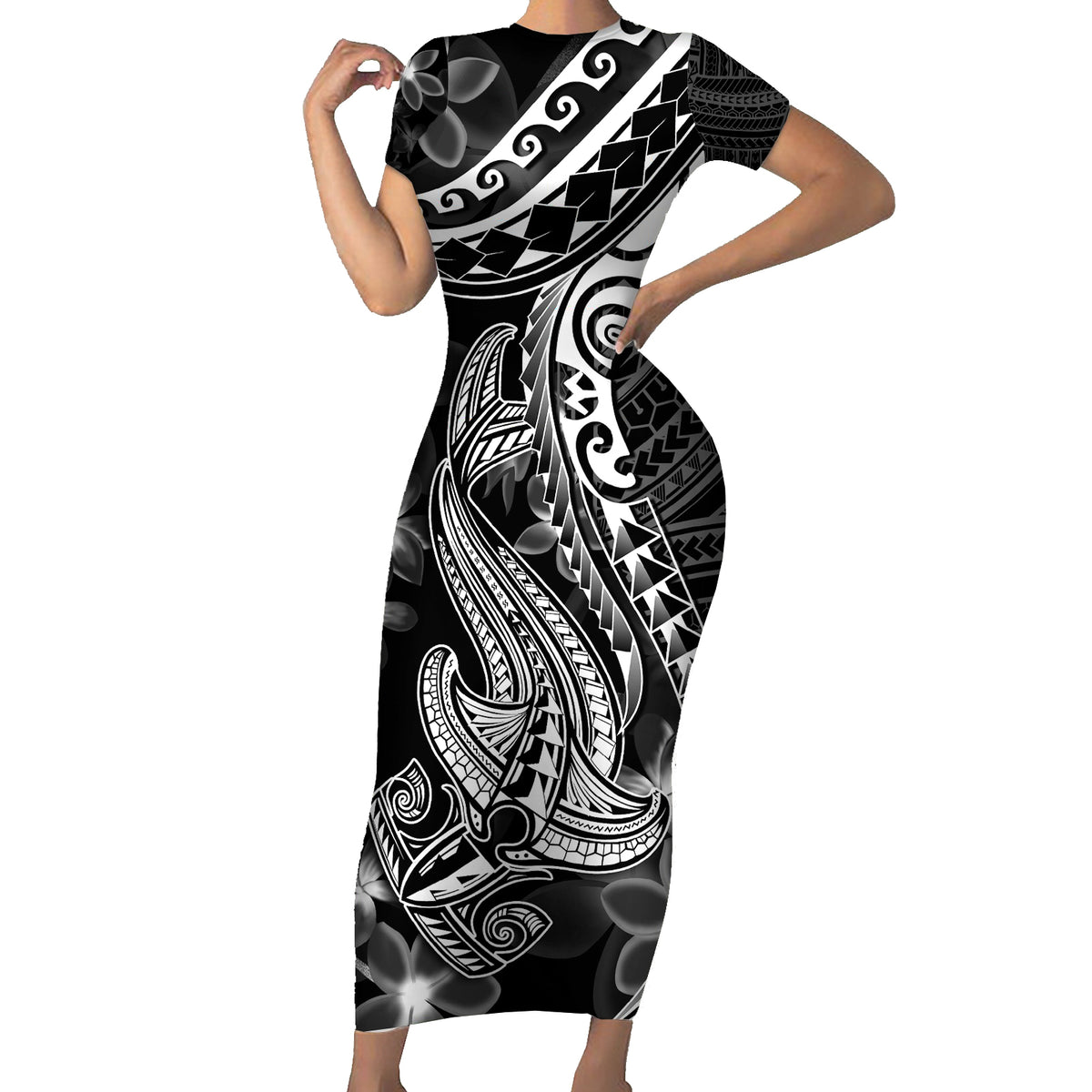 Black Polynesia Family Matching Short Sleeve Bodycon Dress and Hawaiian Shirt Shark Tattoo With Polynesian Plumeria - Wonder Print Shop