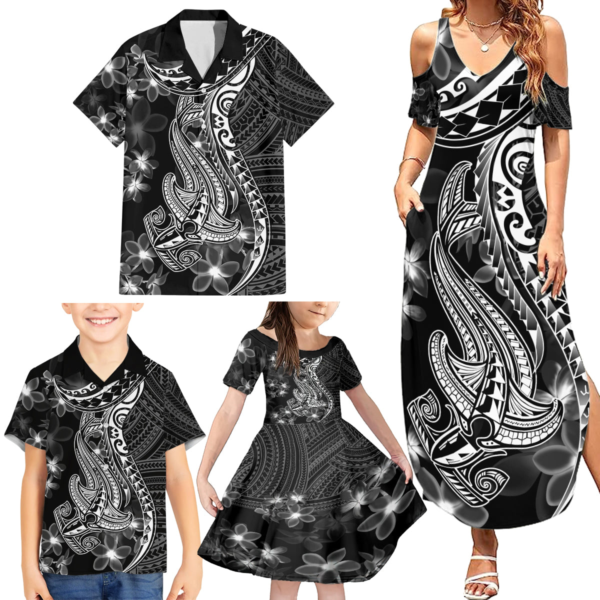 Black Polynesia Family Matching Summer Maxi Dress and Hawaiian Shirt Shark Tattoo With Polynesian Plumeria - Wonder Print Shop