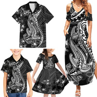 Black Polynesia Family Matching Summer Maxi Dress and Hawaiian Shirt Shark Tattoo With Polynesian Plumeria - Wonder Print Shop