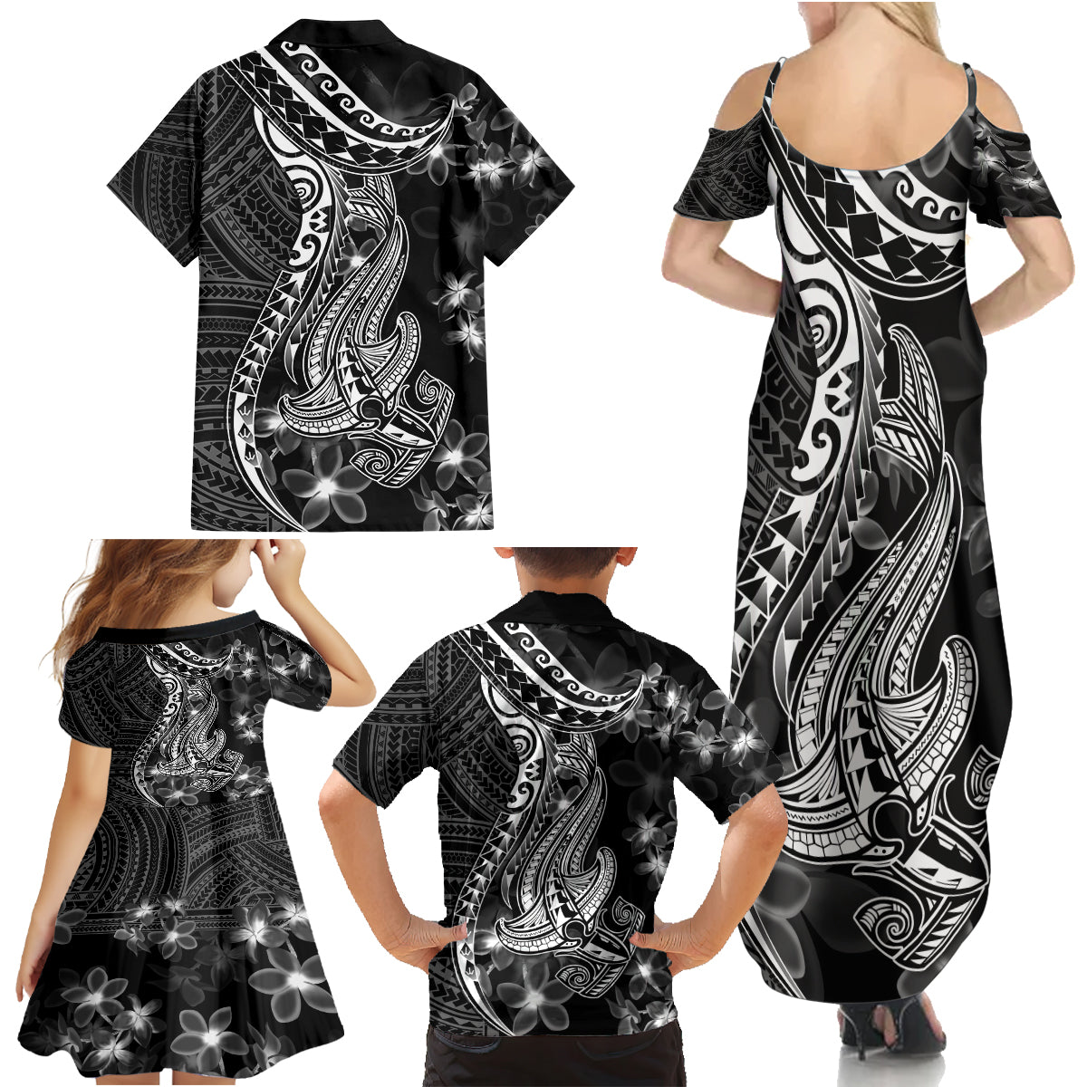 Black Polynesia Family Matching Summer Maxi Dress and Hawaiian Shirt Shark Tattoo With Polynesian Plumeria - Wonder Print Shop