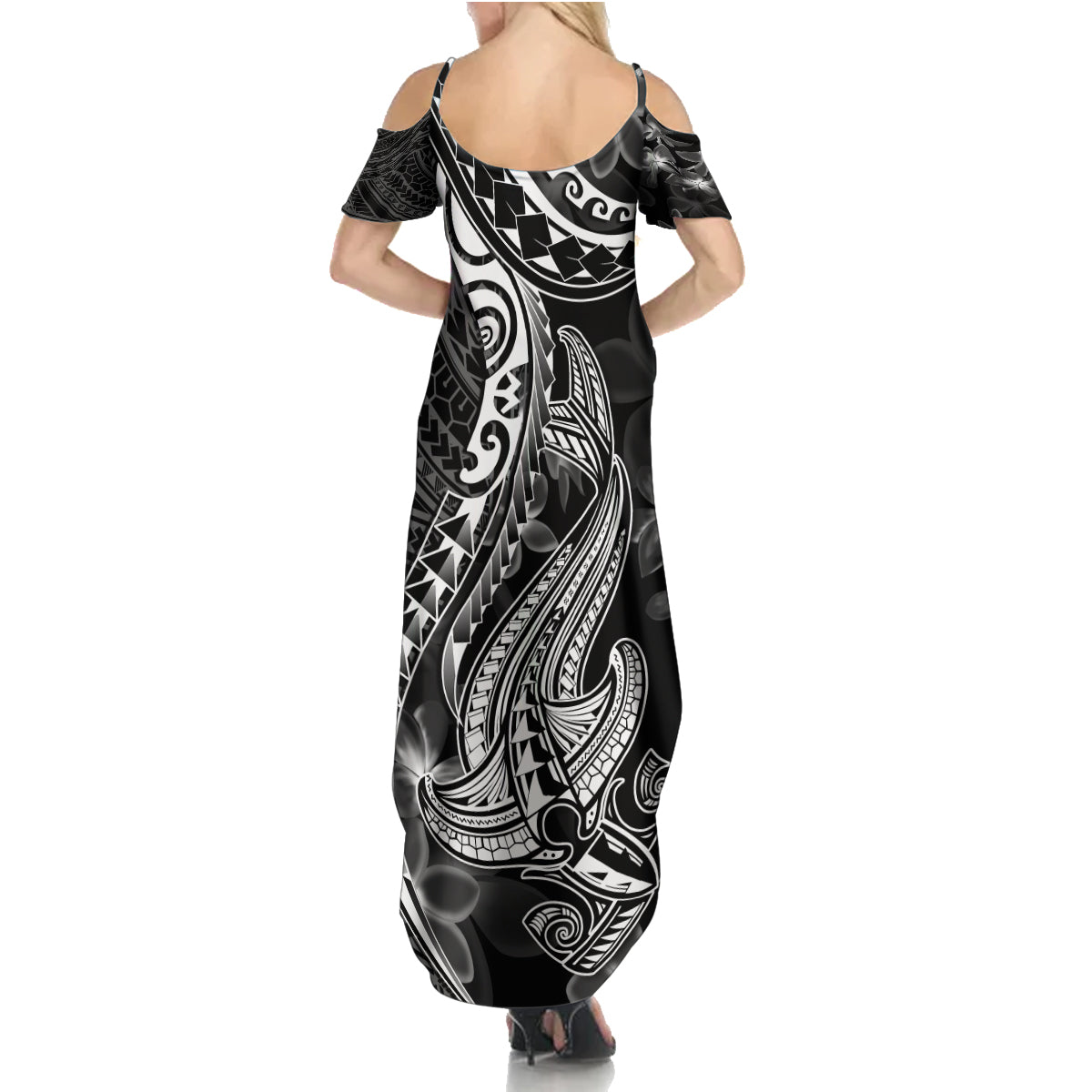 Black Polynesia Family Matching Summer Maxi Dress and Hawaiian Shirt Shark Tattoo With Polynesian Plumeria - Wonder Print Shop