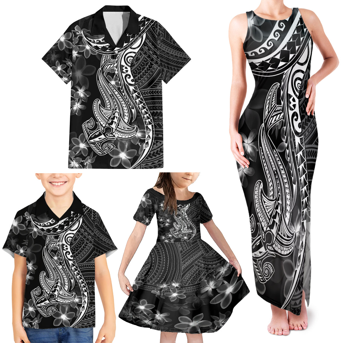 Black Polynesia Family Matching Tank Maxi Dress and Hawaiian Shirt Shark Tattoo With Polynesian Plumeria - Wonder Print Shop