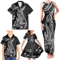Black Polynesia Family Matching Tank Maxi Dress and Hawaiian Shirt Shark Tattoo With Polynesian Plumeria - Wonder Print Shop