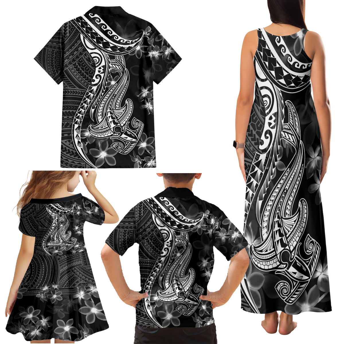 Black Polynesia Family Matching Tank Maxi Dress and Hawaiian Shirt Shark Tattoo With Polynesian Plumeria - Wonder Print Shop