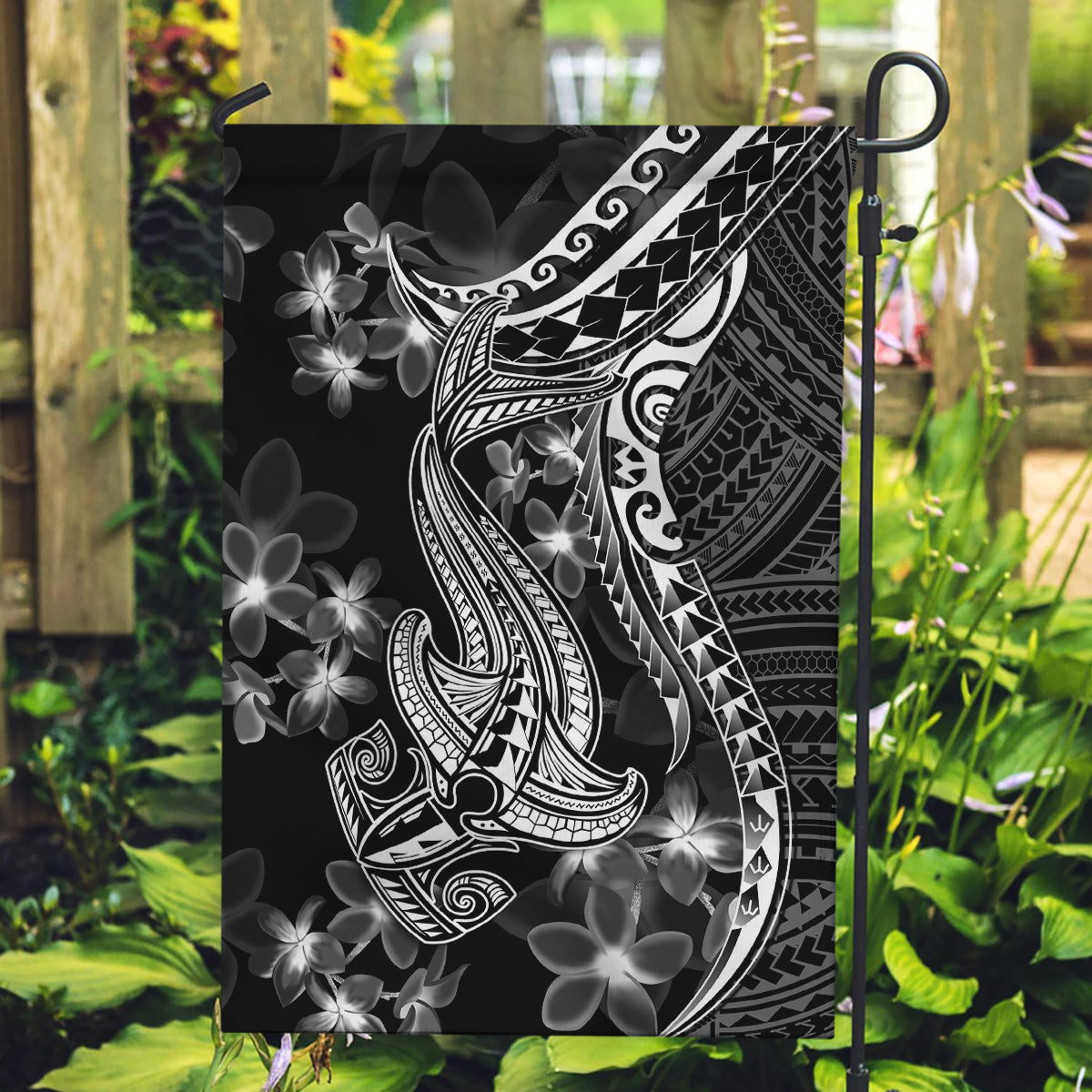 Black Polynesia Garden Flag Shark Tattoo With Polynesian Plumeria - Wonder Print Shop