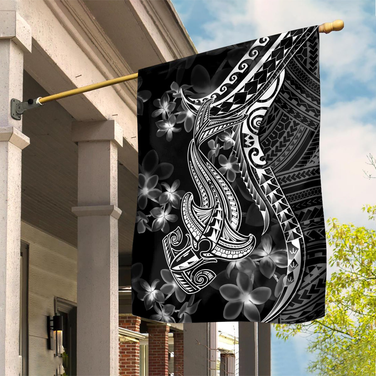 Black Polynesia Garden Flag Shark Tattoo With Polynesian Plumeria - Wonder Print Shop