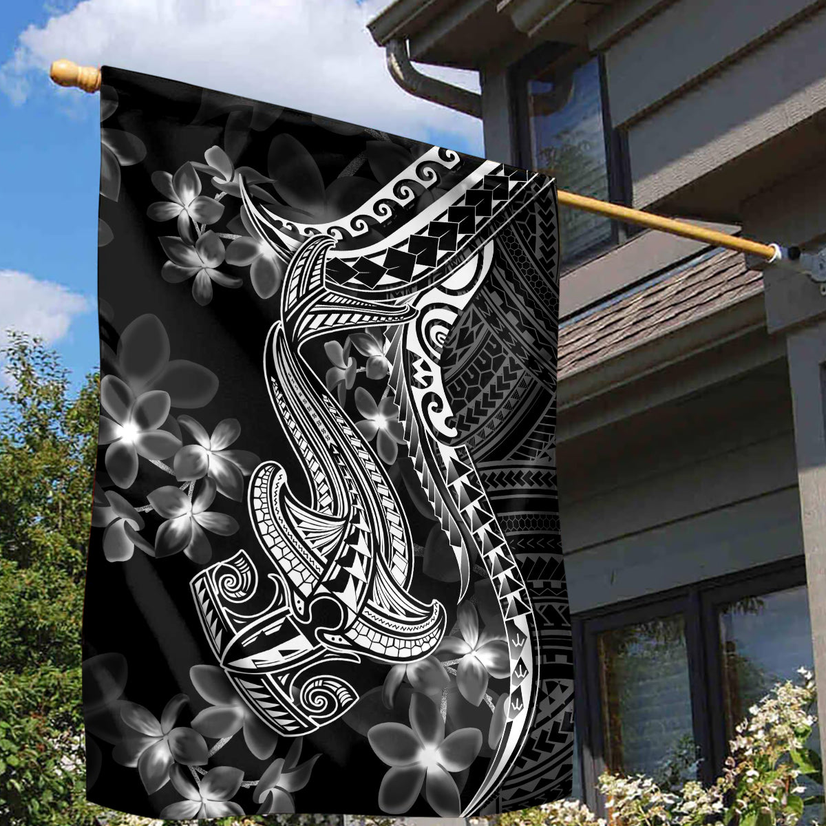 Black Polynesia Garden Flag Shark Tattoo With Polynesian Plumeria - Wonder Print Shop