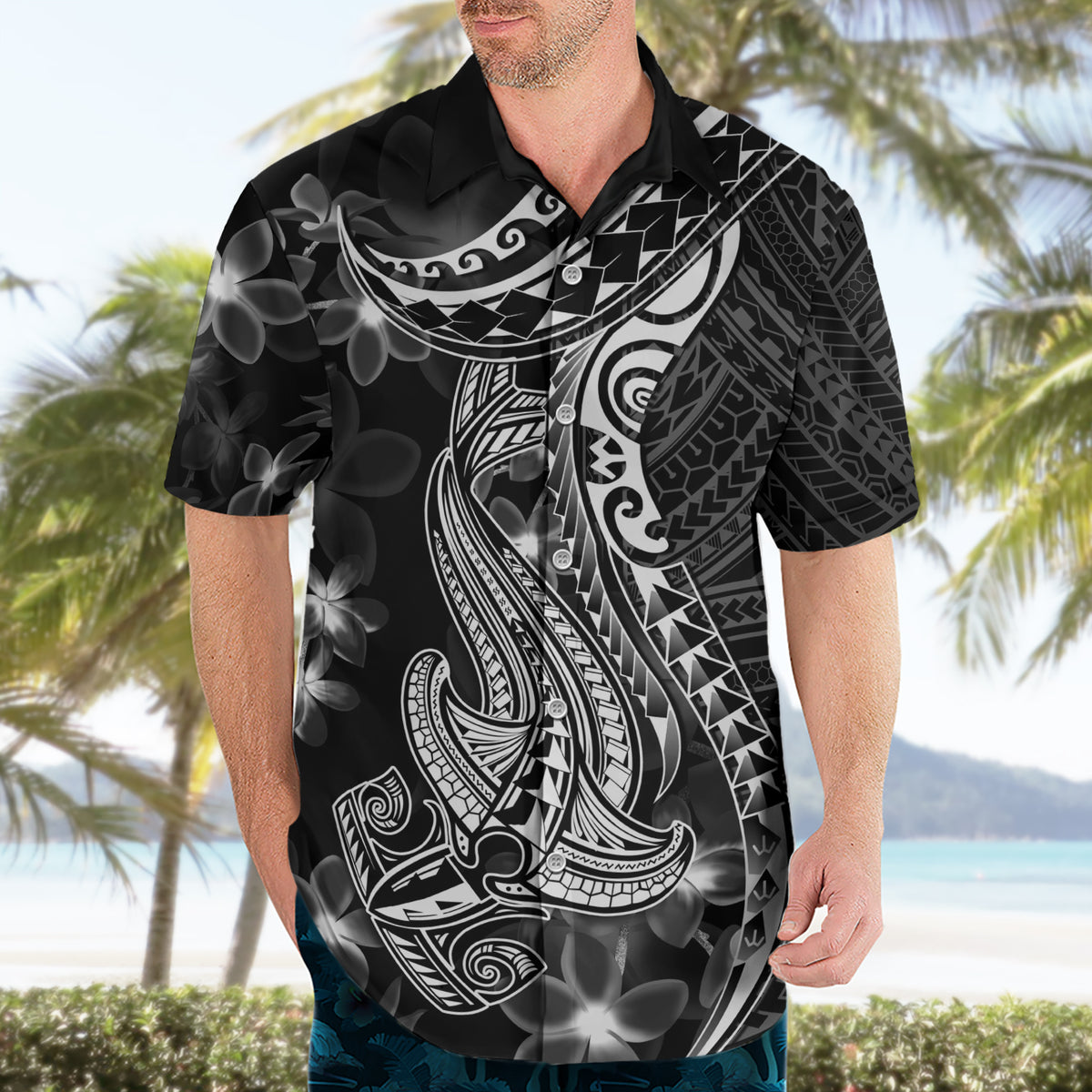Black Polynesia Hawaiian Shirt Shark Tattoo With Polynesian Plumeria - Wonder Print Shop