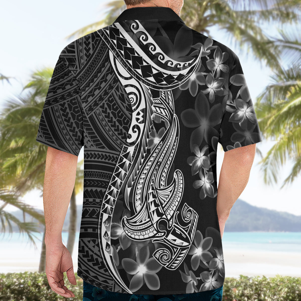 Black Polynesia Hawaiian Shirt Shark Tattoo With Polynesian Plumeria - Wonder Print Shop