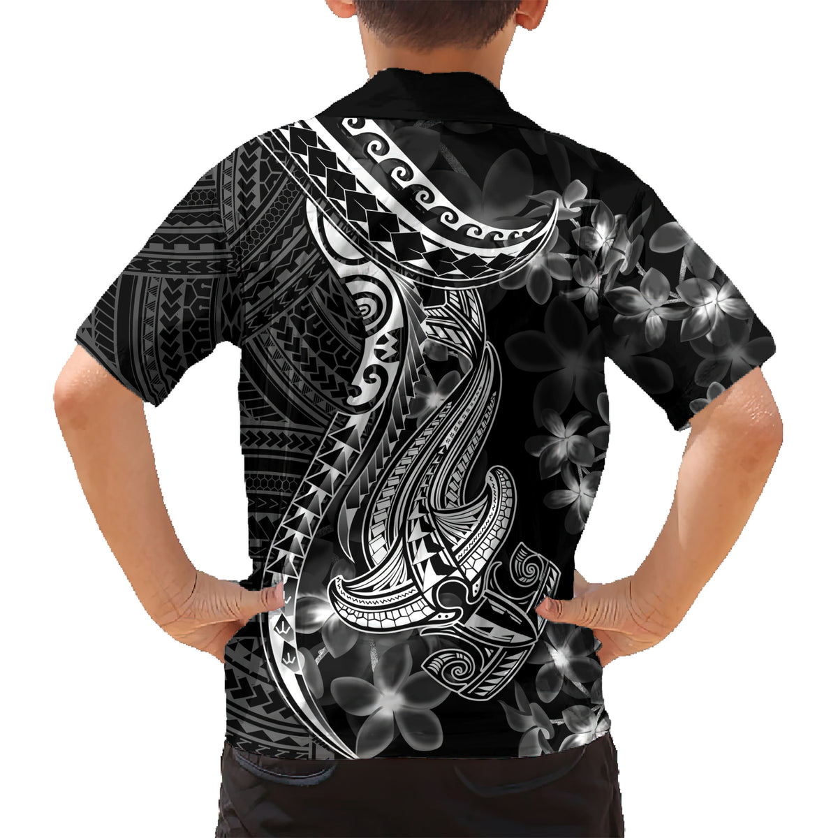 Black Polynesia Hawaiian Shirt Shark Tattoo With Polynesian Plumeria - Wonder Print Shop
