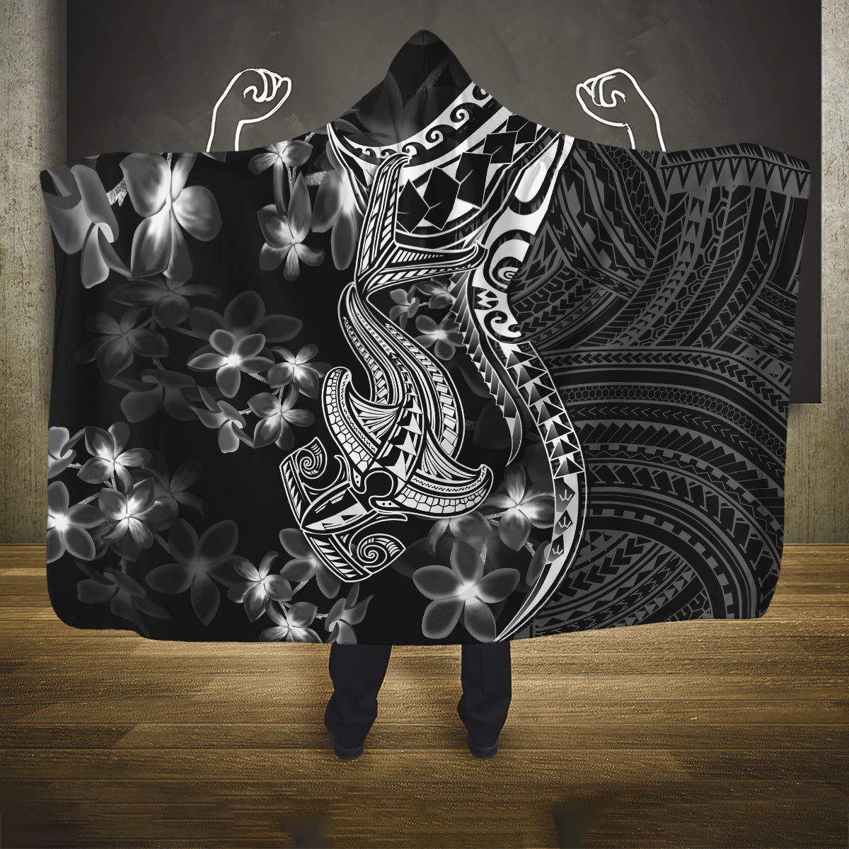 black-polynesia-hooded-blanket-shark-tattoo-with-polynesian-plumeria