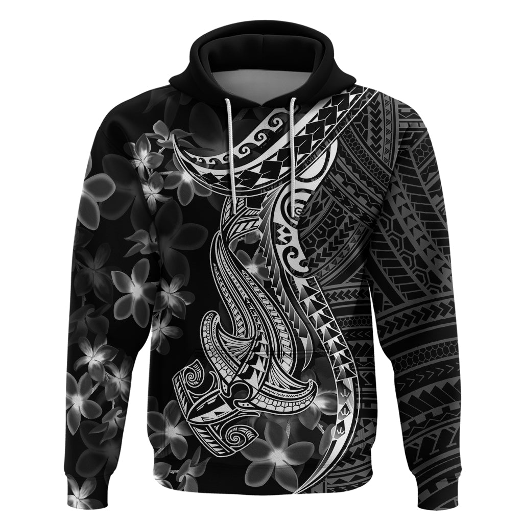 Black Polynesia Hoodie Shark Tattoo With Polynesian Plumeria - Wonder Print Shop