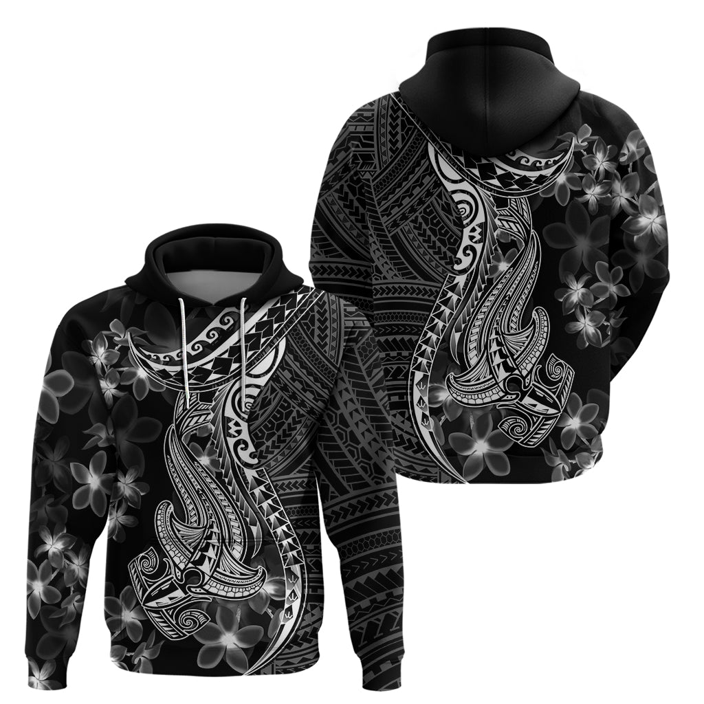Black Polynesia Hoodie Shark Tattoo With Polynesian Plumeria - Wonder Print Shop