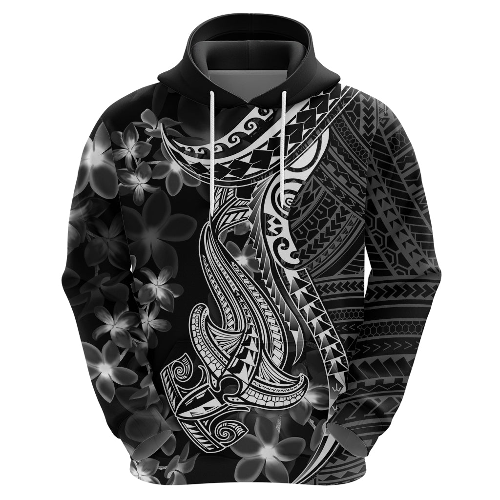 Black Polynesia Hoodie Shark Tattoo With Polynesian Plumeria - Wonder Print Shop