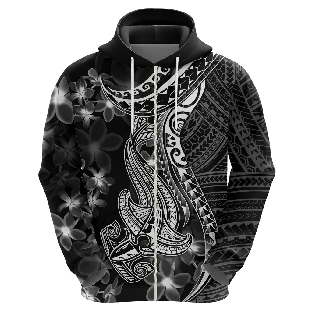 Black Polynesia Hoodie Shark Tattoo With Polynesian Plumeria - Wonder Print Shop
