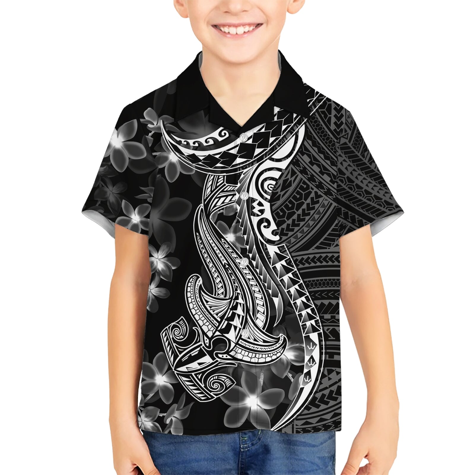 Black Polynesia Kid Hawaiian Shirt Shark Tattoo With Polynesian Plumeria - Wonder Print Shop