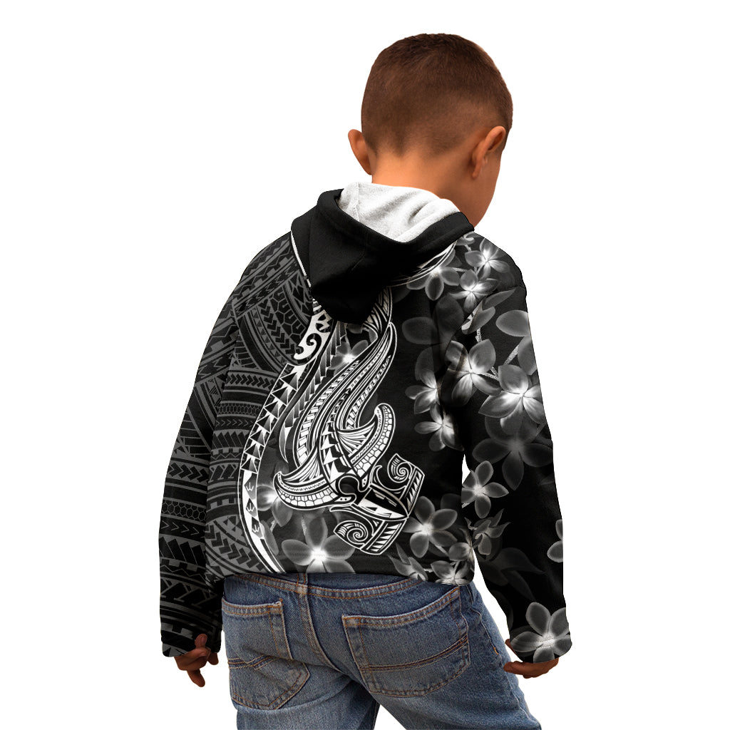 Black Polynesia Kid Hoodie Shark Tattoo With Polynesian Plumeria - Wonder Print Shop