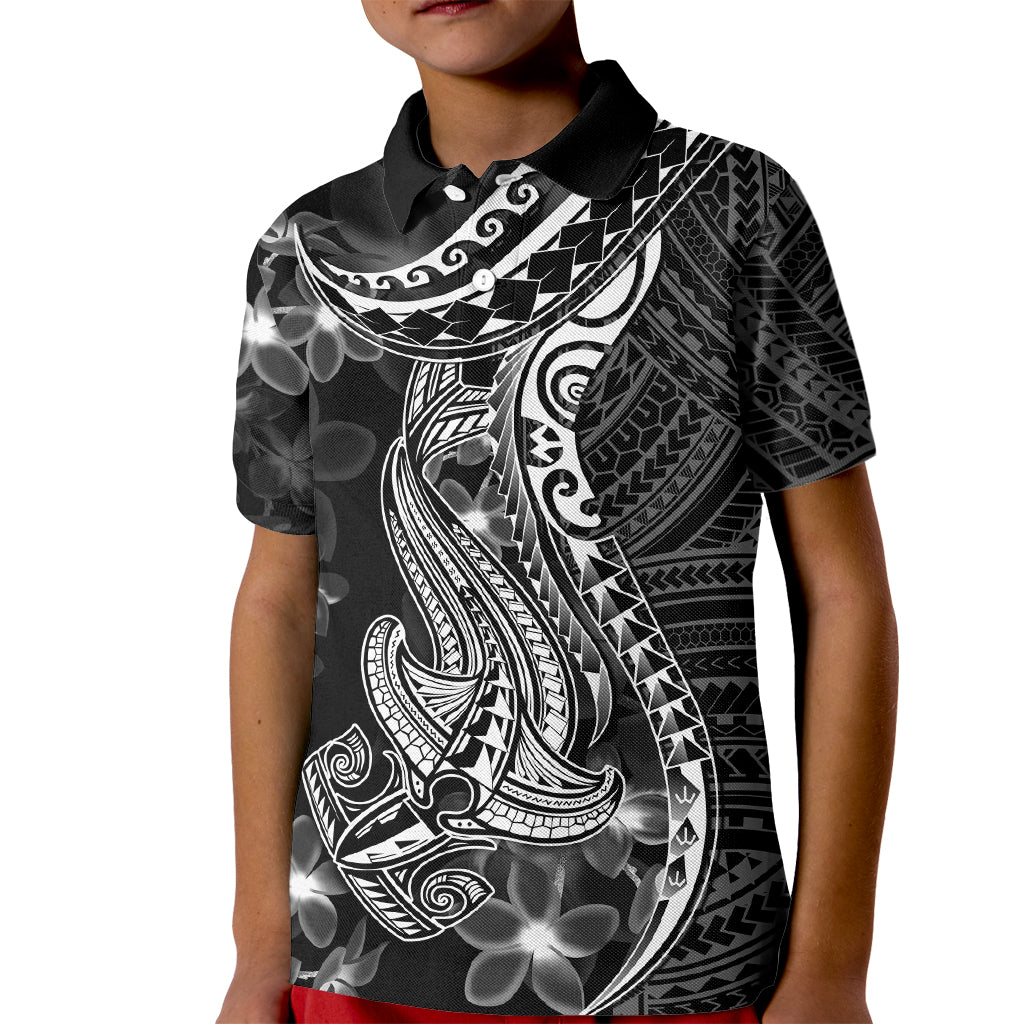 Black Polynesia Kid Polo Shirt Shark Tattoo With Polynesian Plumeria - Wonder Print Shop