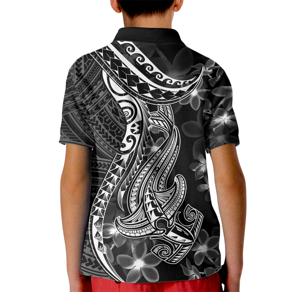 Black Polynesia Kid Polo Shirt Shark Tattoo With Polynesian Plumeria - Wonder Print Shop
