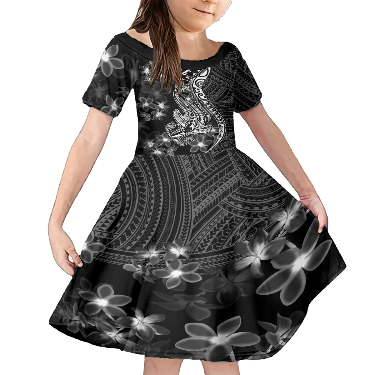Black Polynesia Kid Short Sleeve Dress Shark Tattoo With Polynesian Plumeria - Wonder Print Shop