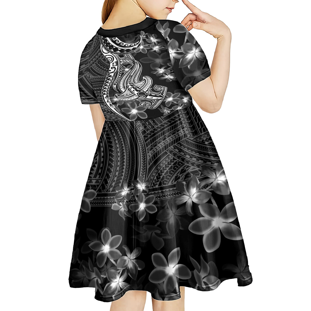 Black Polynesia Kid Short Sleeve Dress Shark Tattoo With Polynesian Plumeria - Wonder Print Shop