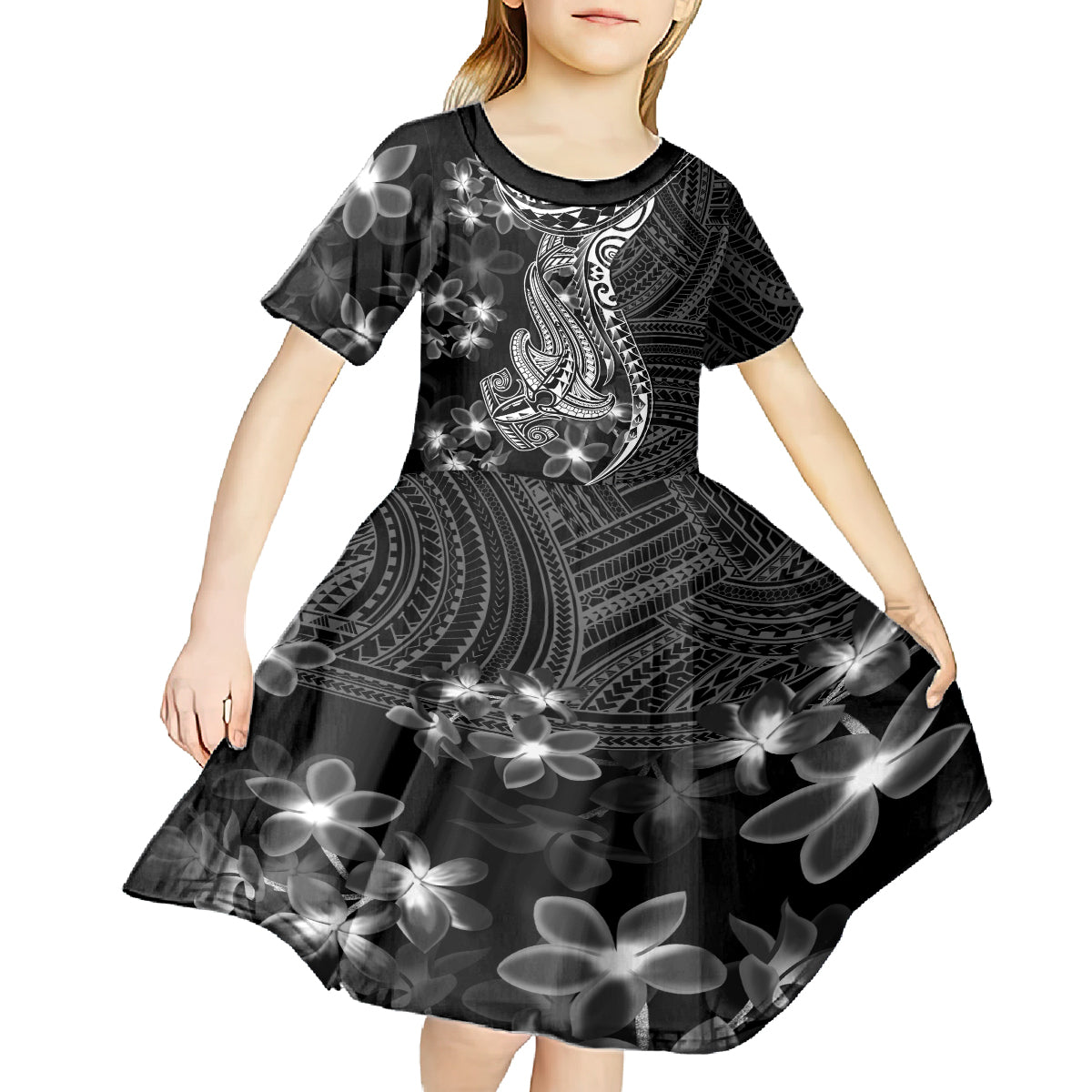 Black Polynesia Kid Short Sleeve Dress Shark Tattoo With Polynesian Plumeria - Wonder Print Shop