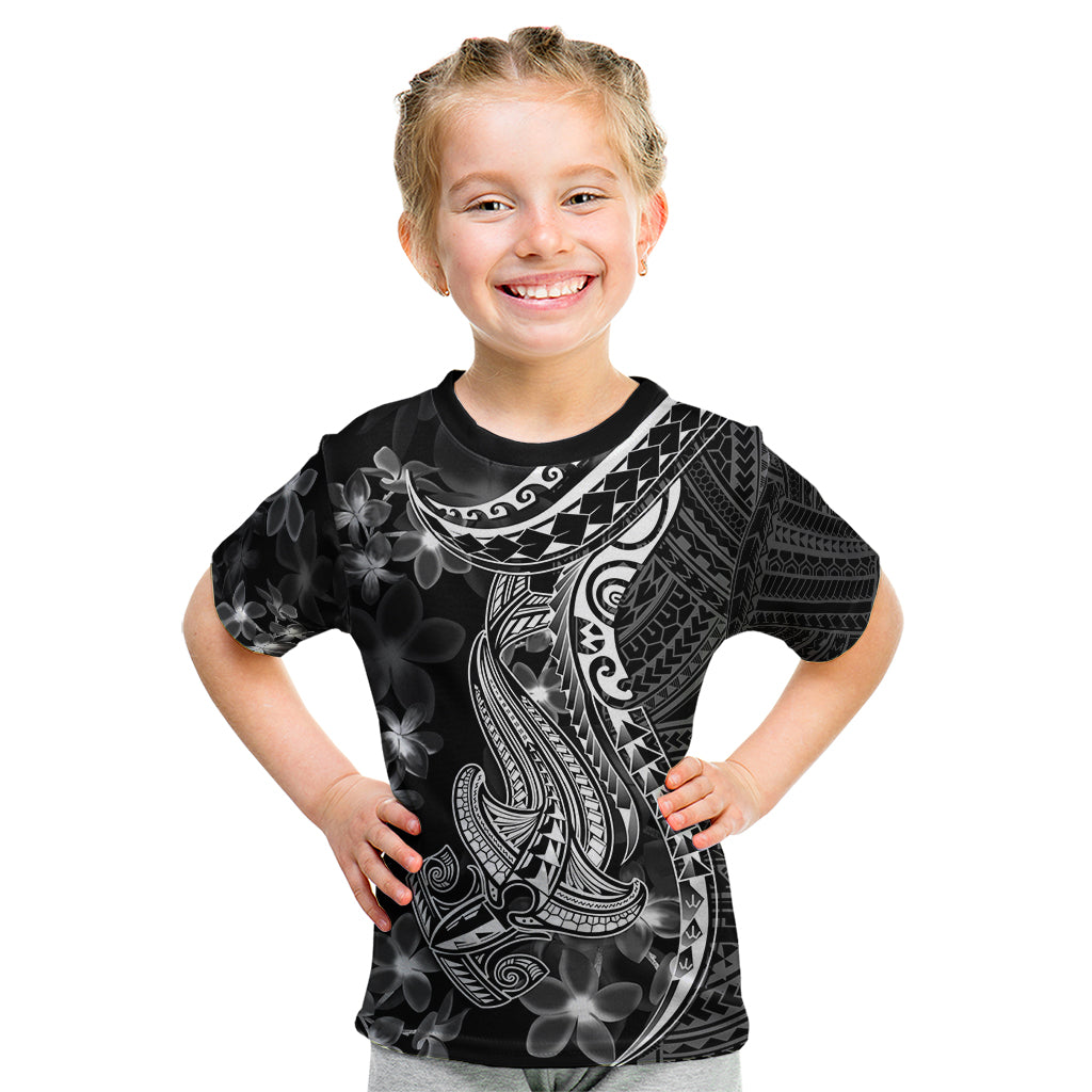 Black Polynesia Kid T Shirt Shark Tattoo With Polynesian Plumeria - Wonder Print Shop