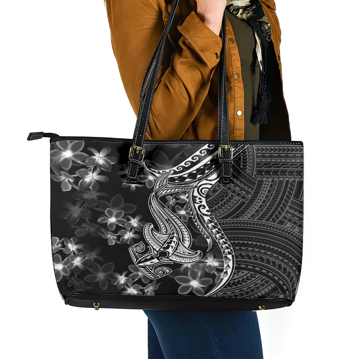Black Polynesia Leather Tote Bag Shark Tattoo With Polynesian Plumeria - Wonder Print Shop