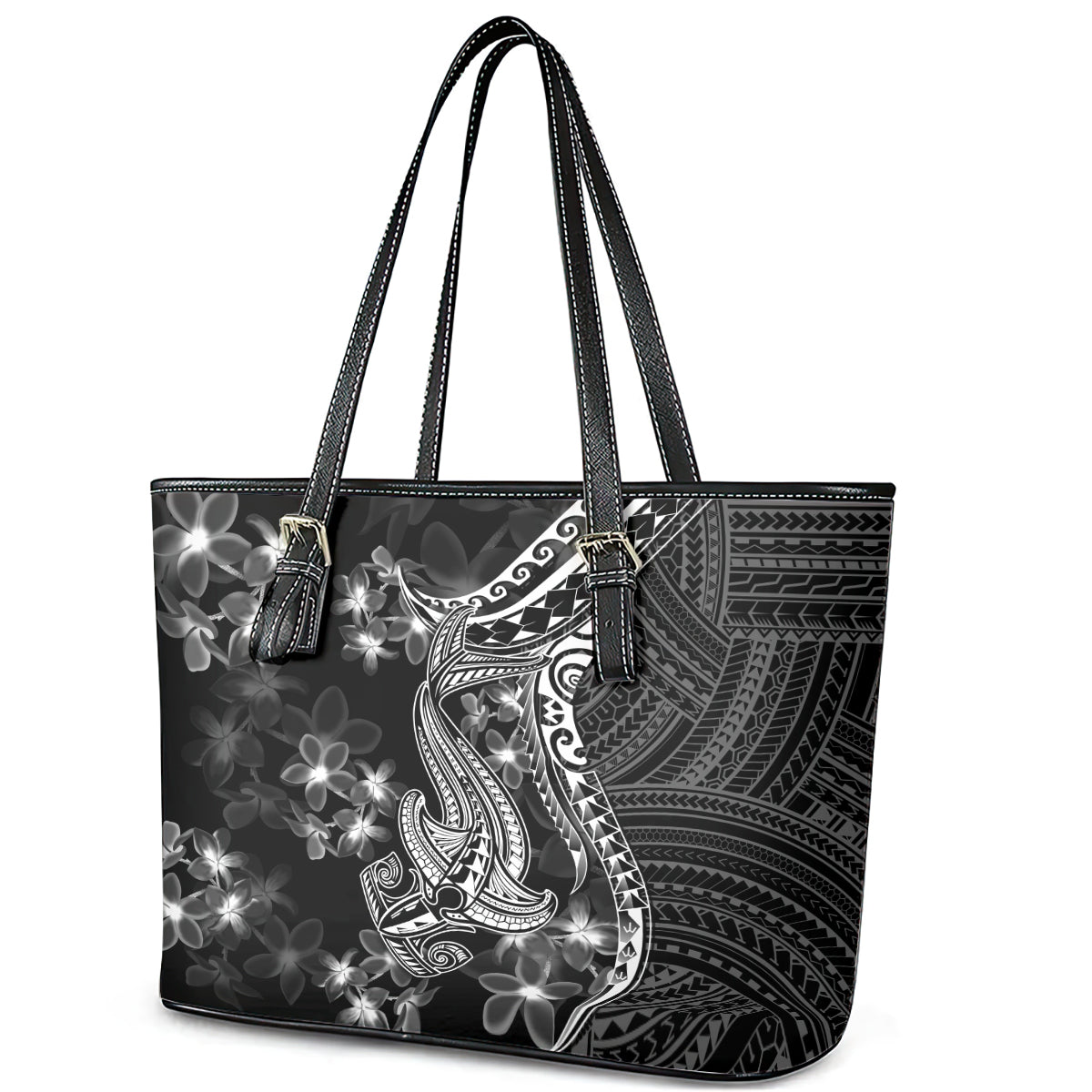 Black Polynesia Leather Tote Bag Shark Tattoo With Polynesian Plumeria - Wonder Print Shop
