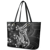 Black Polynesia Leather Tote Bag Shark Tattoo With Polynesian Plumeria - Wonder Print Shop