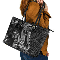 Black Polynesia Leather Tote Bag Shark Tattoo With Polynesian Plumeria - Wonder Print Shop