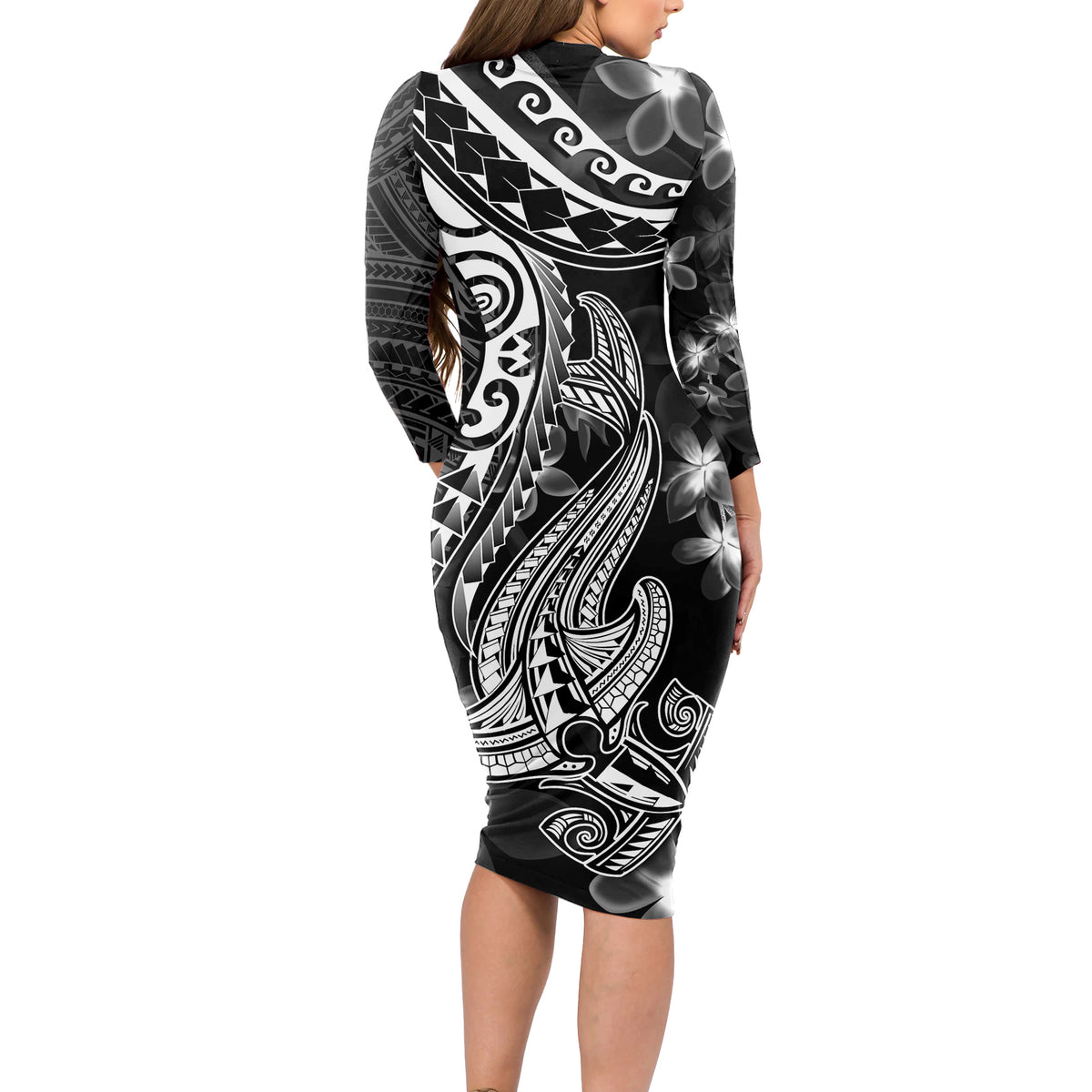 Black Polynesia Long Sleeve Bodycon Dress Shark Tattoo With Polynesian Plumeria - Wonder Print Shop