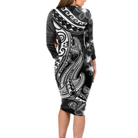 Black Polynesia Long Sleeve Bodycon Dress Shark Tattoo With Polynesian Plumeria - Wonder Print Shop
