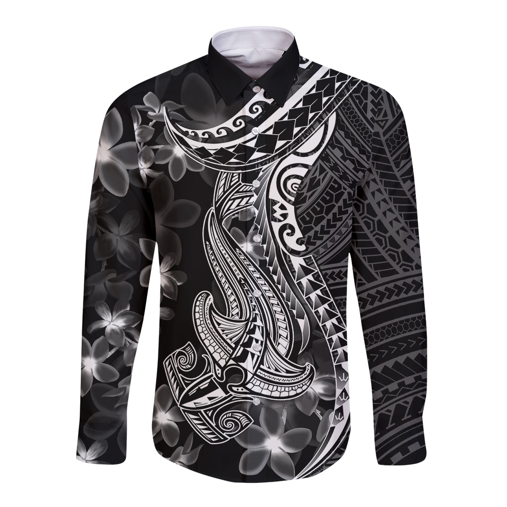 Black Polynesia Long Sleeve Button Shirt Shark Tattoo With Polynesian Plumeria - Wonder Print Shop