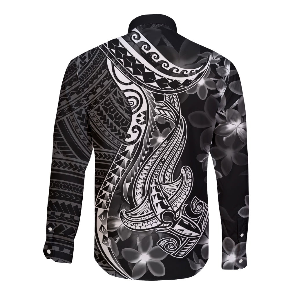 Black Polynesia Long Sleeve Button Shirt Shark Tattoo With Polynesian Plumeria - Wonder Print Shop
