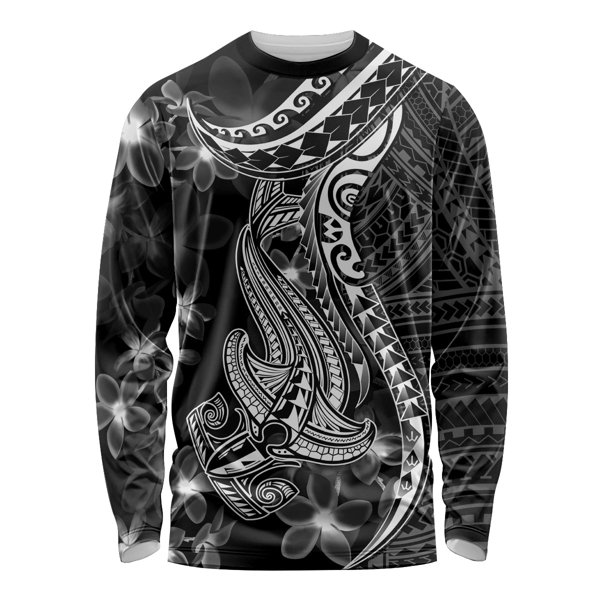 Black Polynesia Long Sleeve Shirt Shark Tattoo With Polynesian Plumeria - Wonder Print Shop